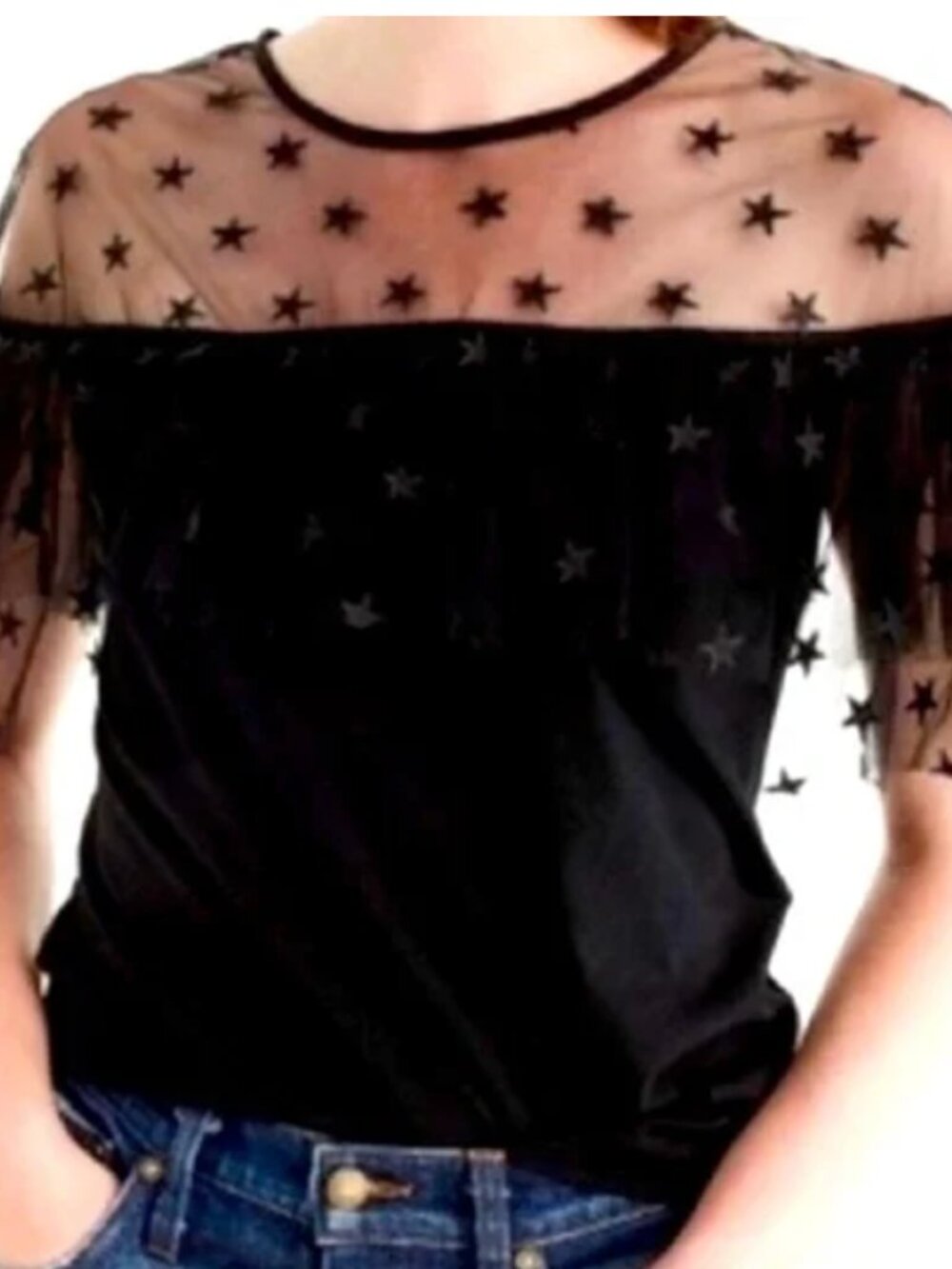 J. Crew Black Star Embroidered Mesh Ruffle Party Top - XL
